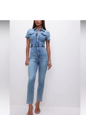 Good American Light Blue Straight Leg Denim Jumpsuit